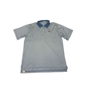 Peter Millar‎ Polo Shirt Mens Large Blue Striped Bird Logo Golf Cotton